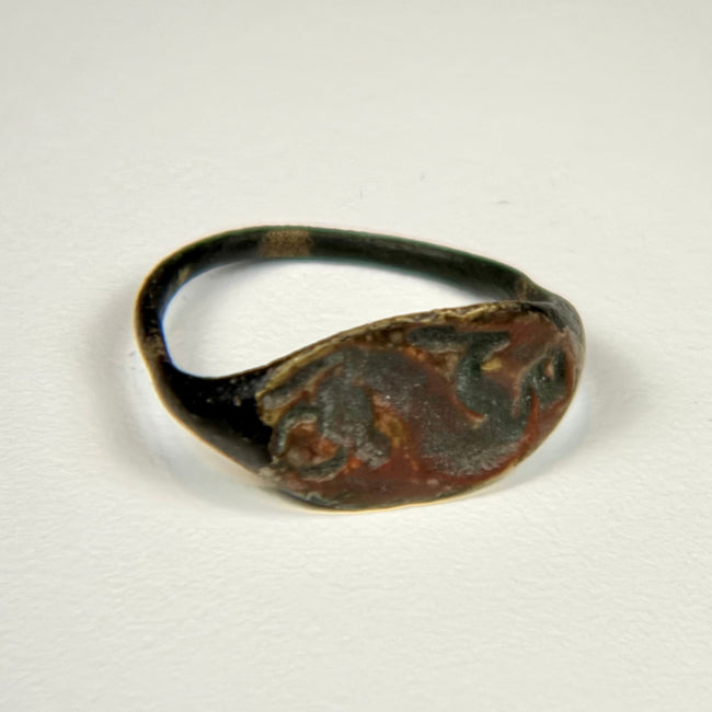 Ancient bronze ring with oval bezel engraved with a horned bull, circa 1st–4th century CE