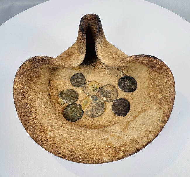 Ancient terracotta oil lamp from Carthage, North Africa, accompanied by bronze coins and collector provenance