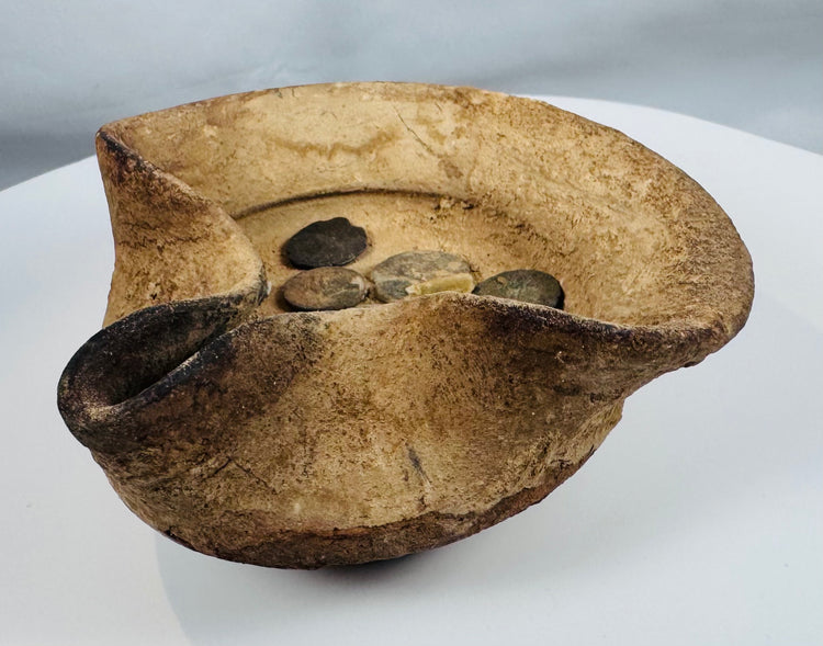 Hand-formed terracotta oil lamp from ancient Carthage with associated bronze coin group