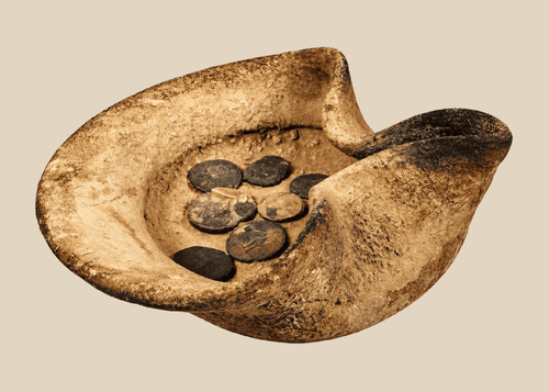 Ancient Carthaginian terracotta oil lamp with bronze coins, circa 5th Century BCE