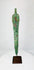 Back of Bronze Age Caspian blade showing drilled perforations and aged patina on custom display stand.