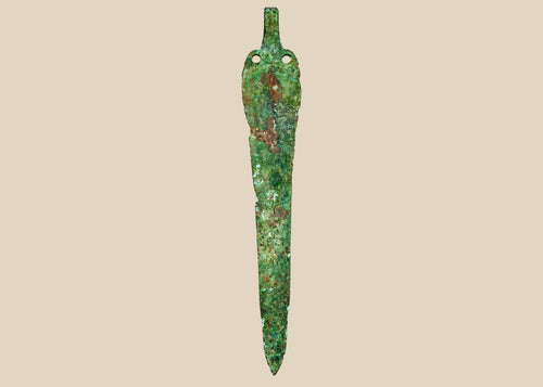 Ancient Bronze Age blade from the Caspian region, circa 2000–1000 BCE, with tapered elongated form, two perforations near the hilt, and rich green patina, mounted on a custom stand.
