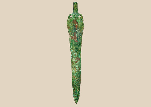 Ancient Bronze Age blade from the Caspian region, circa 2000–1000 BCE, with tapered elongated form, two perforations near the hilt, and rich green patina, mounted on a custom stand.