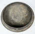 Interior view of the fitted gray pottery cover with rounded concave form, aged surface wear, and earthen accretions.