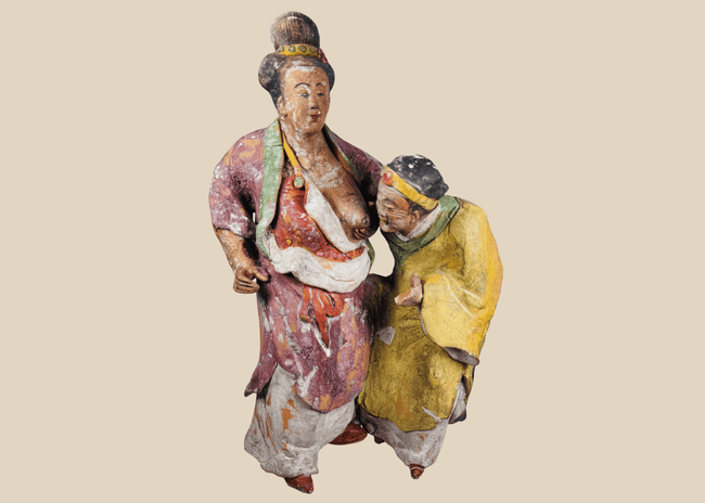 Ancient Chinese painted terracotta group depicting Madam Tang breastfeeding her elderly mother-in-law