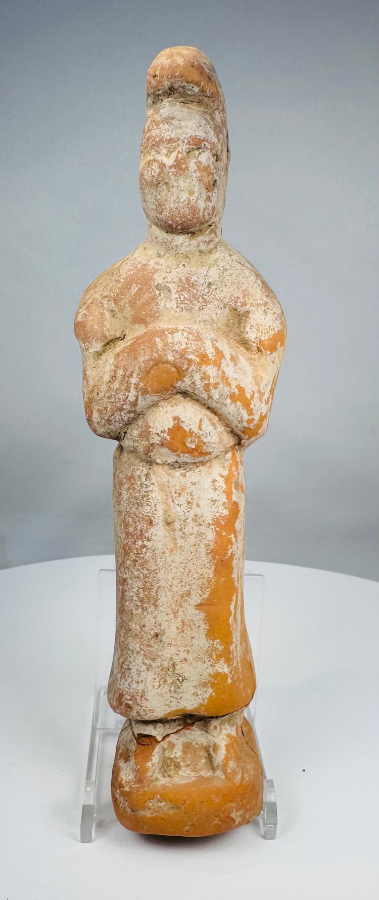 Underside of hollow Tang Dynasty tomb figure showing opening beneath the base