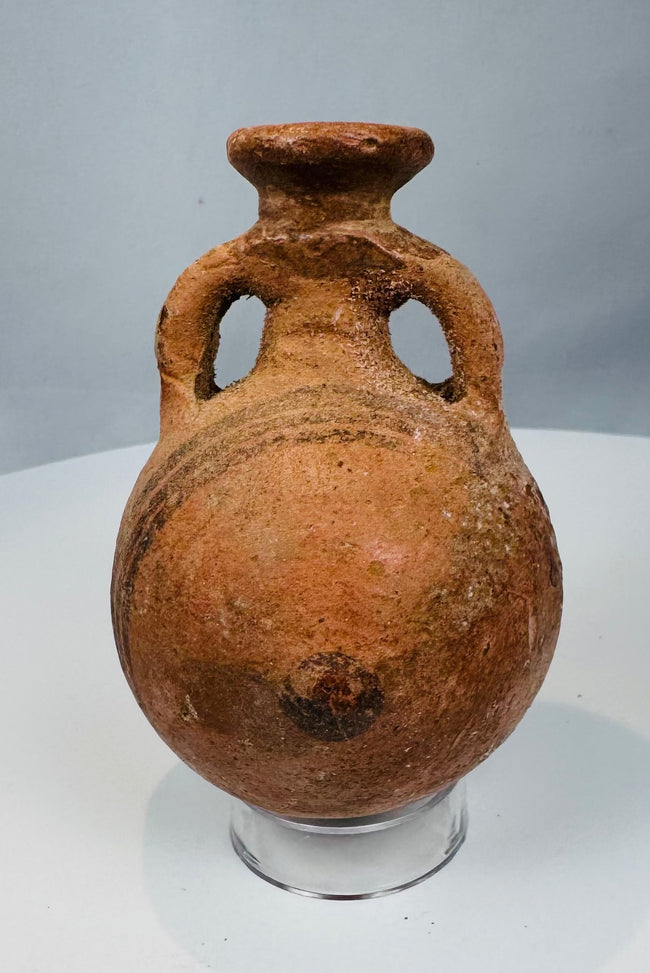 Ancient Cyprus globular ceramic flask with broad rim and opposing handles