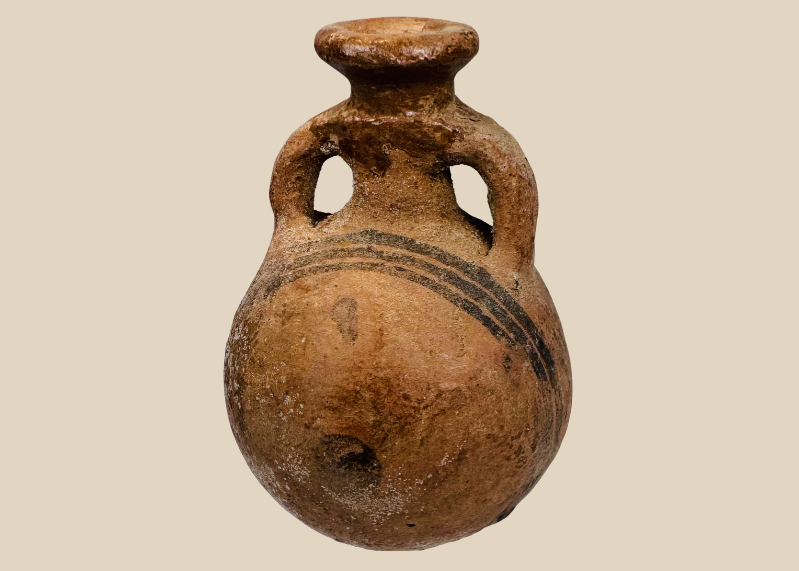 Ancient Cypriot Black-on-Red terracotta flask with twin loop handles