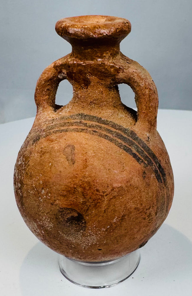 Cypro-Geometric miniature pottery vessel with orange-red slip and black bands