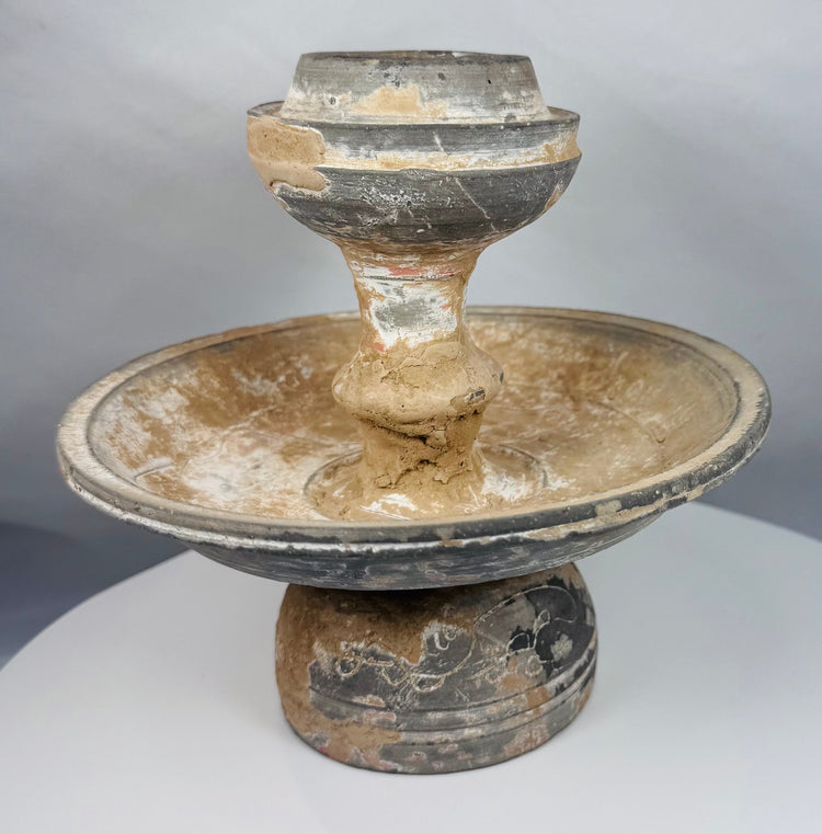 Museum-quality terracotta ritual vessel with pedestal base and architectural form