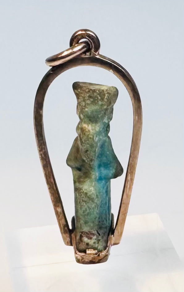 Ancient Egyptian funerary amulet with turquoise glaze and custom gold frame