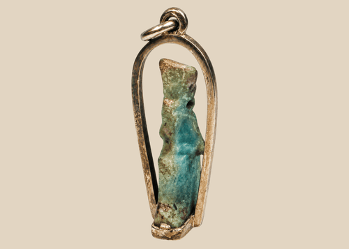 Ancient Egyptian blue-green faience deity amulet mounted in a later gold pendant setting
