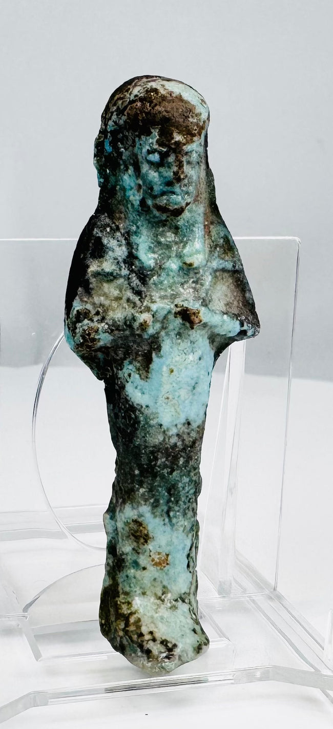 Late Period Egyptian funerary ushabti with crossed arms and headdress
