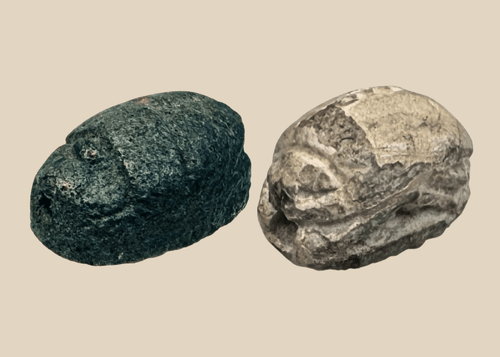 Pair of ancient Egyptian faience scarab amulets in blue-green and cream, Late New Kingdom Period