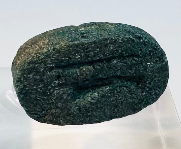 Underside of blue-green Egyptian faience scarab showing carved legs and incised body details