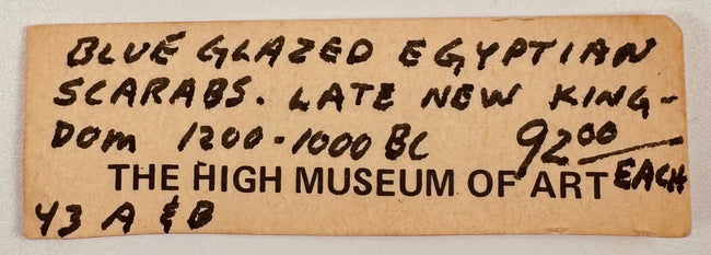Original handwritten High Museum of Art gift shop inventory label for Egyptian scarabs