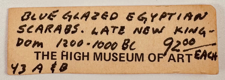 Original handwritten High Museum of Art gift shop inventory label for Egyptian scarabs