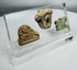 Custom-mounted display containing Egyptian, Greek, and Roman period antiquities with age-related patina and wear.