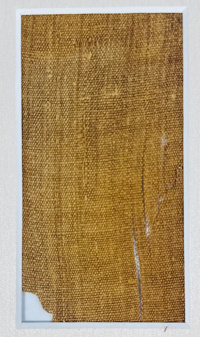 Close-up of the larger attributed mummy-wrapping fragment, showing woven linen texture, frayed edges and narrow separations.