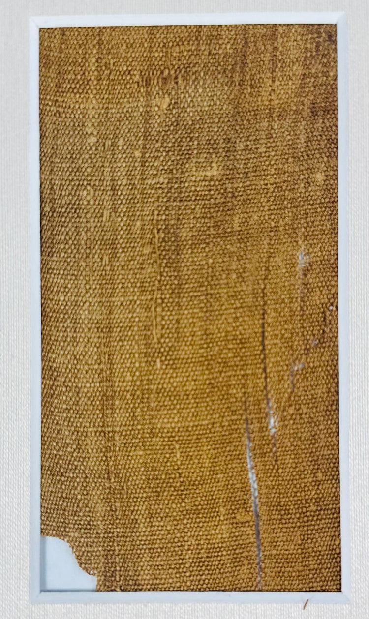Close-up of the larger attributed mummy-wrapping fragment, showing woven linen texture, frayed edges and narrow separations.