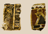 Ancient Egyptian polychrome coffin fragments with painted figures and linen backing