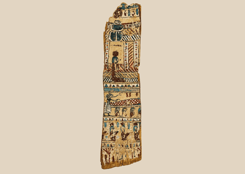 Front view of ancient Egyptian painted coffin fragment with colorful hieroglyphic scenes on beige background