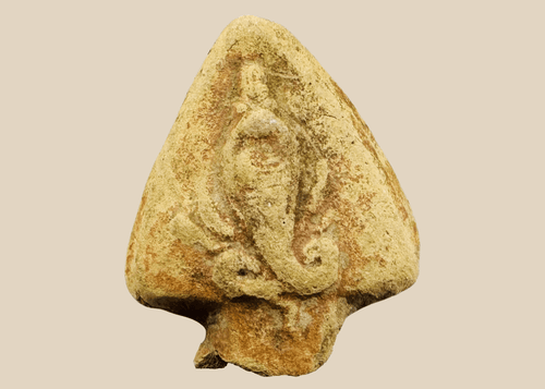 Ancient Egyptian terracotta cobra relief fragment with ceremonial crown and red pigment