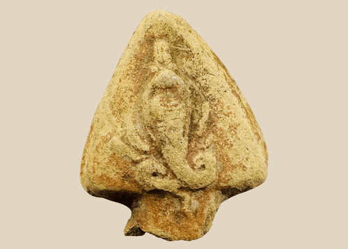 Ancient Egyptian terracotta cobra relief fragment with ceremonial crown and red pigment