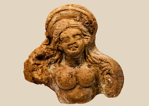 Terracotta fragment depicting partial female figure with upper torso and facial features, Ptolemaic Egypt, circa 200–100 BCE, showing Hellenistic-Egyptian artistic fusion and ancient patina.