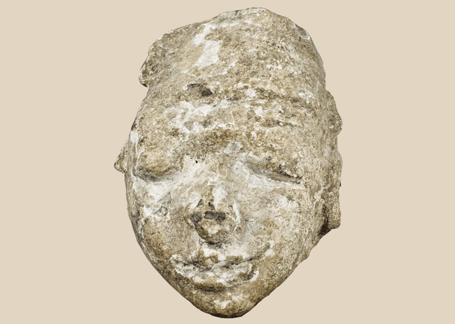 Ancient Gandharan Buddhist stucco head fragment mounted on a wooden display base