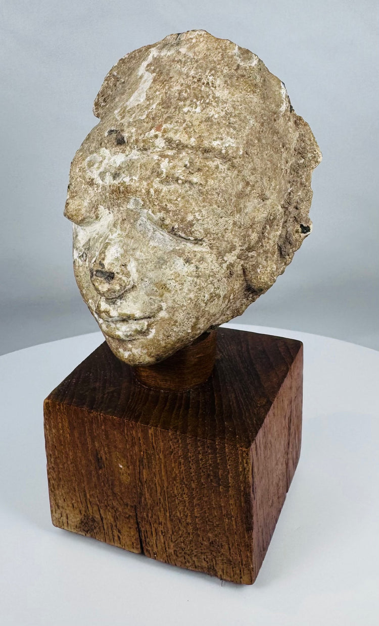 Ancient stucco Buddhist head from Gandhara displaying weathered archaeological surfaces