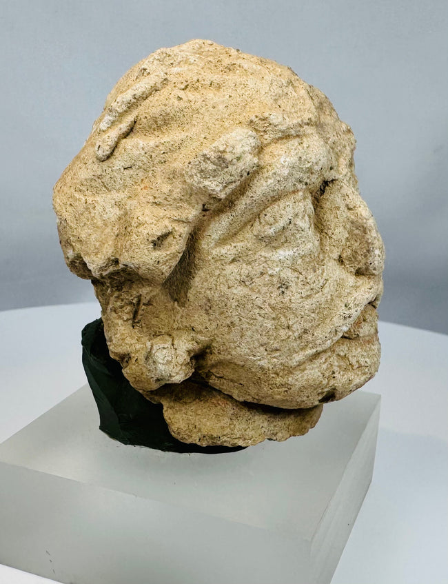 Ancient Gandhara Bodhisattva head sculpture displaying characteristic facial modeling and the influence of Hellenistic artistic traditions.