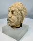 Gandharan Buddhist sculpture fragment featuring a contemplative face, wavy coiffure remnants, and centuries of weathering.