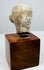 Terracotta head fragment showing a projecting ear and pale patches across the rounded head and neck, mounted on a wooden block.