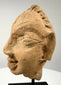 Three-quarter view of antique terracotta head displaying nose, mouth, and ear details
