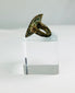 Ancient cast bronze ring with square bezel and twin bird engraving, natural green patina