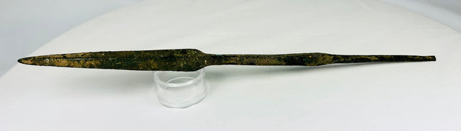 Ancient Eastern Mediterranean bronze spearhead reflecting metallurgy and martial use