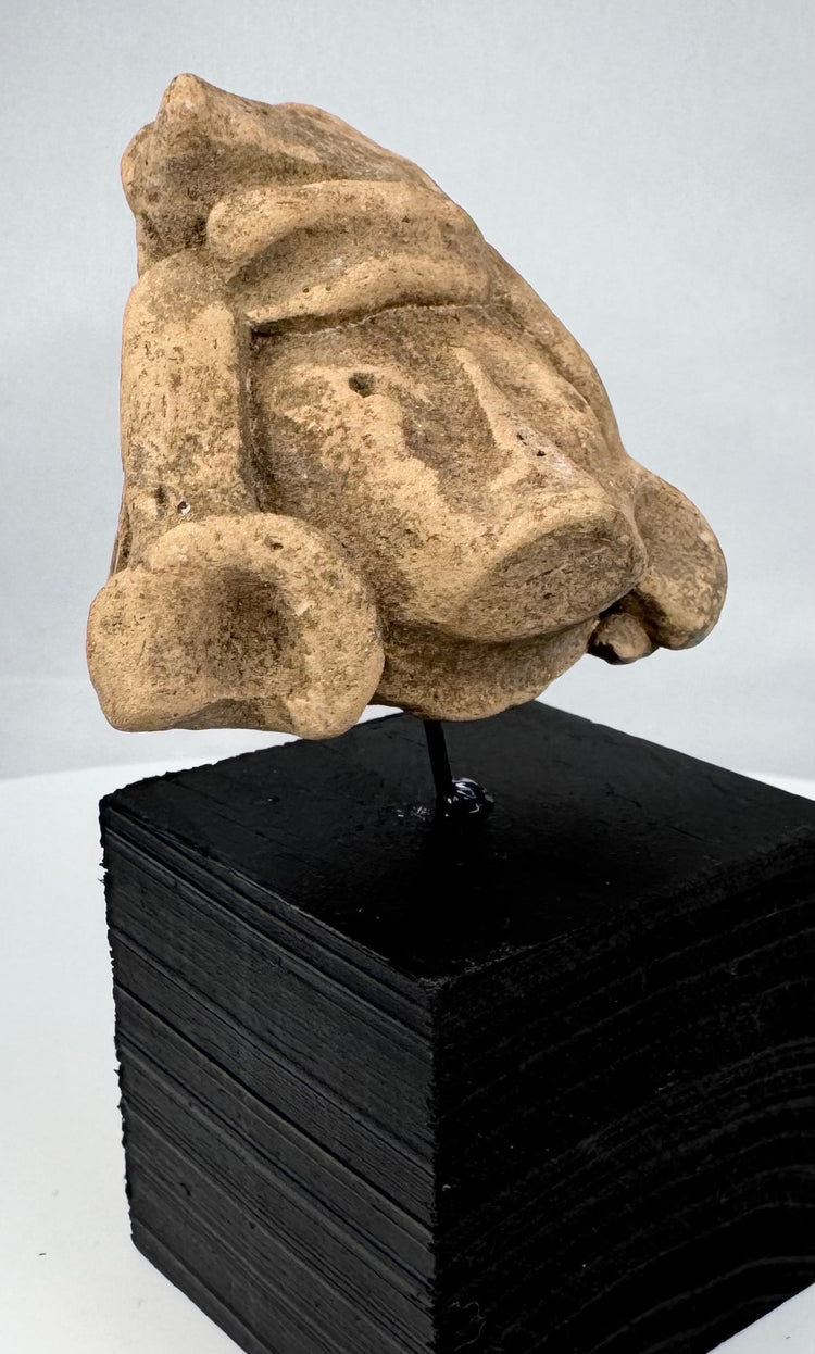 Ancient Mesoamerican carved head fragment with geometric features and mineral deposits