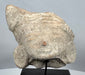 Pre-Columbian Veracruz-style terracotta face fragment mounted on a custom display stand.