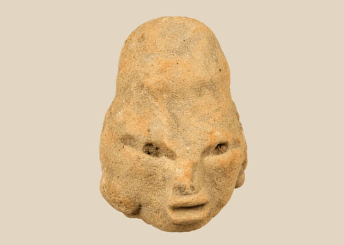 Small Pre-Columbian terracotta head fragment from West Mexico shaft-tomb culture, circa 300 BCE–300 CE, with almond-shaped eyes, defined features, and elongated cranial form, mounted on a black display base, photographed on a white background.