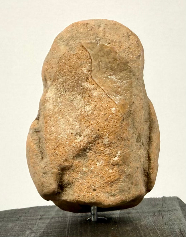 Rear view of ancient terracotta fragment with sandy texture and visible repair patch on upper back