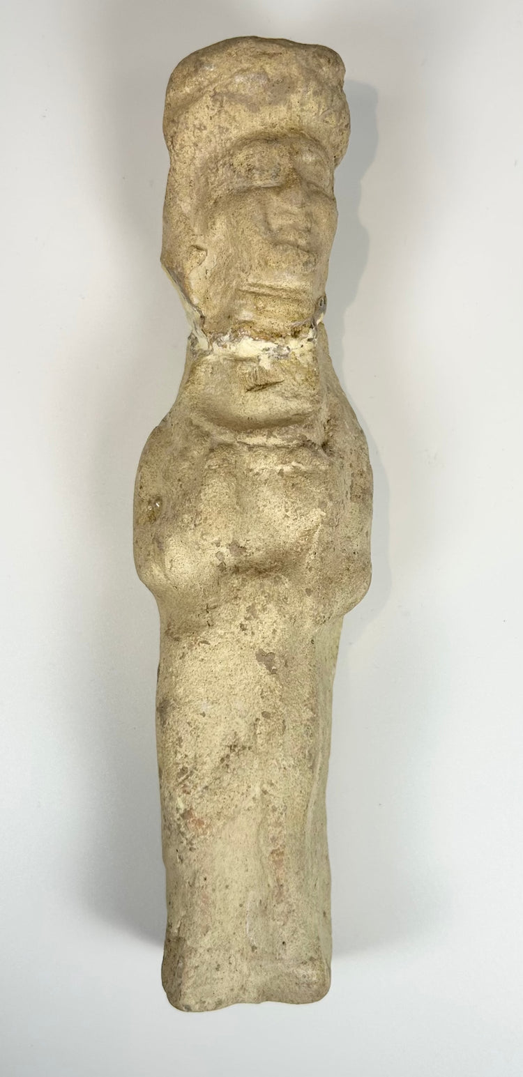 Neo-Babylonian style clay figurine with stylized facial features