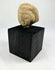 Front view of an ancient Near Eastern terracotta head fragment on display stand