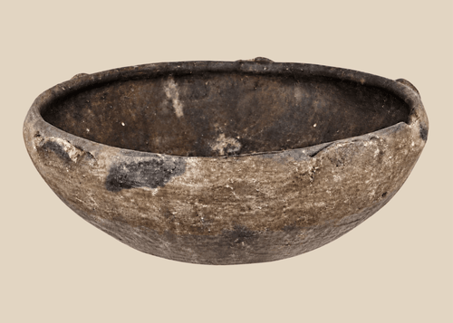 Ancient Pre-Columbian terracotta bowl with raised rim lugs and dark burnished surface