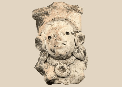 Pre-Columbian terracotta figural fragment with elaborate headdress and circular earspools