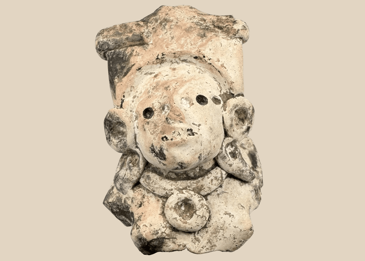 Pre-Columbian terracotta figural fragment with elaborate headdress and circular earspools