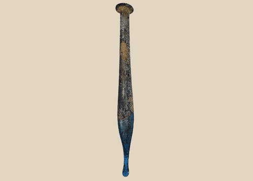 Ancient Roman blue glass candlestick unguentarium with elongated fusiform body, circa 1st–3rd Century AD