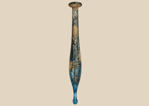 Ancient Roman blue glass candlestick unguentarium with elongated fusiform body, circa 1st–3rd Century AD