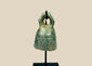Ancient Roman cast bronze bell, 1st–4th century CE, with suspension loop, rich green patina, and mounted display stand.
