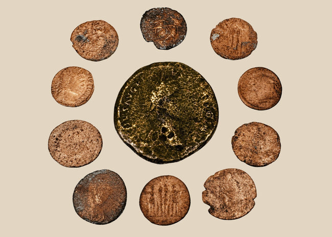Collection of 10 ancient Roman bronze and copper-alloy coins, circa 3rd–4th century CE, with varied imperial portraits and aged patina.